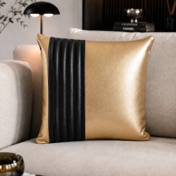 Perna decor Aminea, cu husa Piele naturala si Perna cu Lana Merinos 100% , 40x40 cm, cu fermoar, Auriu-Negru