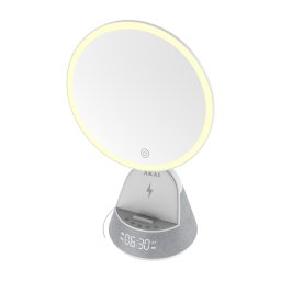 Radio ceas AKAI ACRW-4000M,alarma, Oglinda cosmetica LED, Incarcator wireless 15W, Boxa Bluetooth, Radio FM, Gri