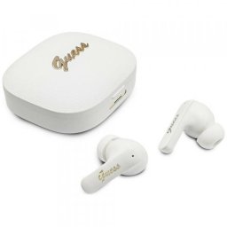 Casti True Wireless Guess Script Metal Logo, Bluetooth, Alb