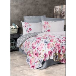Set lenjerie de pat husa pilota + 2 fete de perna, bumbac ranforce 100%, 260x220 cm + 2x60x60 cm, 145 fire, imprimeu pigmentat floral, nasturi/plic, multicolor - Verificat A · Re-Bloom