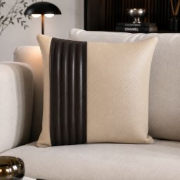 Perna decor Aminea, cu husa Piele naturala si Perna cu Lana Merinos 100% , 40x40 cm, cu fermoar, Crem-Maro