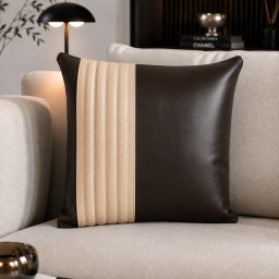 Perna decor Aminea, cu husa Piele naturala si Perna cu Lana Merinos 100% , 40x40 cm, cu fermoar, Maro-Crem