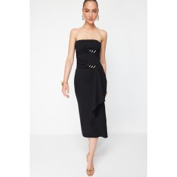 Trendyol X Zeynep Tosun Black Knitted Snake Accessory Detailed Elegant Evening Dress