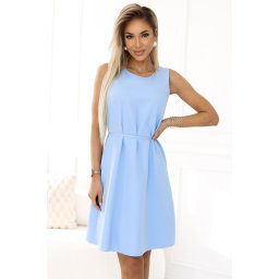 296-12 VICTORIA Sleeveless trapeze dress with a belt – a classic in a modern version - light blue