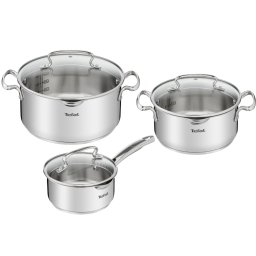 Set de 6 piese Tefal Duetto+ G719S655, oale cu capac de sticla 20 / 24 cm, cratiță cu capac de sticlă 16 cm, inox, inducție, inox, mânere nituite, margini turnare, gradații interioare, argintiu