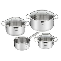 Set de 7 piese Tefal Duetto+ G719S735, oale cu capac de sticlă 16 / 20 / 24 cm, cratiță 16 cm, inducție, inox, mânere nituite, margini turnare, gradații interioare, argintiu