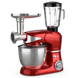 Robot de bucatarie cu bol de otel Tesla KR600RA, 1000W, 5 litri, Blender, Mixer, Masina de tocat carne, Rosu metalic