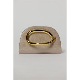 Geanta nude cu design modern stralucitor si maner metalic