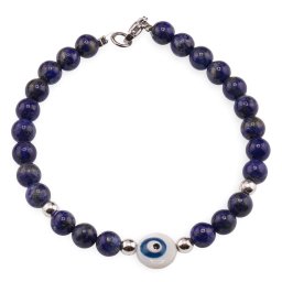 Bratara Lapis lazuli sfere 6mm cu Ochi protector si bumbi inox argintiu