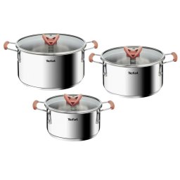 Set 6 piese Tefal Opti'Space G720S674, cratiță 18 cm, oala 20/24 cm, 3 capace de sticlă, oțel inoxidabil, mânere anti-alunecare, inducție