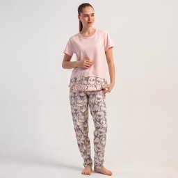 Pijama Damă din Bumbac 100% Vienetta, Model 'Happiness' Set cu Mânecă Scurtă și Pantaloni Lungi
