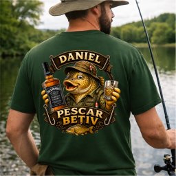 Tricou personalizat , zPescar betiv, cu nume , model funny cu crap E i whisky