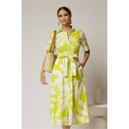 Rochie midi alba cu imprimeu verde neon tip camasa din poplin cu cordon in talie