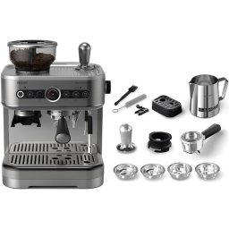 Espressor Barista Brew PSA3228/01 semi-automat cu rasnita conica metalica, 15 dimensiuni de macinare, 15 bari, 1350W, recipient boabe dual de 280 g, sigiliu premium calibrat, vas lapte Temperature Perfection, 450 ml, gri