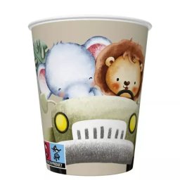 Pahare de hârtie cu animale de safari în jeep – 250 ml, set de 8 bucăți