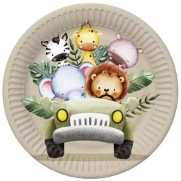 Animale de safari în jeep, set de farfurii de hârtie - 18 cm, 8 bucăți