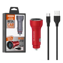 CAR CHARGER 5A RED + METER + CABLE TYPE-C SOMOSTEL 30W 2XUSB DUAL SOMOSTEL SMS-A89 QUICK CHARGE 3.0 METAL-POWER DELIVERY