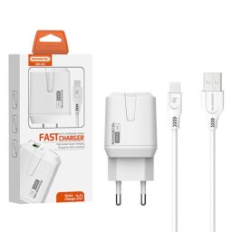 Incarcator de retea MAIN CHARGER 3A + CABLE IPHONE WHITE 18W SOMOSTEL 3000mAh USB SMS-Q02 FAST CHARGING