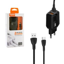 Incarcator de retea PHONE WALL CHARGER 2.4A + CABLE TYP-C BLACK USB-C SOMOSTEL 2400mAh 2XUSB DUAL SMS-A139