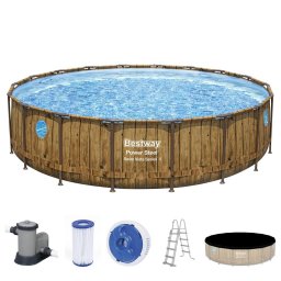Set complet de piscină cu cadru Steel™ Swim Vista Series™ cu pompă de filtru Ø 549 x 122 cm, aspect lemn (pin), rotund