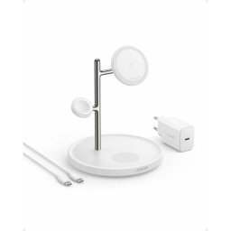 Incarcator de retea Incarcator wireless magnetic Anker MagGo 3in1, 15W, Qi2, pentru iPhone 15/14/13, AirPods Pro, Apple Watch Ultra, incarcator si cablu USB-C inclus Alb