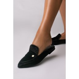 Papuci Carlotta piele naturala ponei negru cu accesoriu auriu