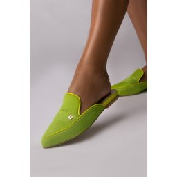 Papuci Carlotta piele naturala ponei verde lime cu accesoriu auriu