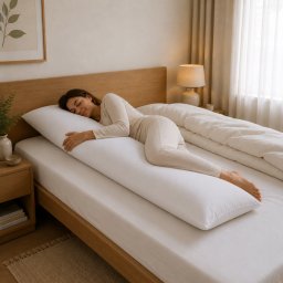 Perna lunga 200x40 cm intreg patul cu Lana Merinos 100%, LanaWool, Sotul de rezerva, Perna laterala, Fermitate Ridicata 2.1kg Lana, husa Bumbac Oeko-Tex, cu fermoar