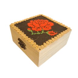 Cufăr natur simplu din lemn decorat cu etamină - 10x10x5cm - trandafir