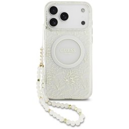 Husa Husa pentru iPhone 17 Pro Max - Guess IML Flowers Allover Electroplated with Pearl Strap MagSafe (GUHMP17XHCPOFPH) - White