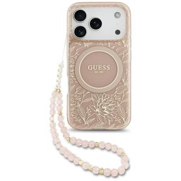 Husa Husa pentru iPhone 17 Pro - Guess IML Flowers Allover Electroplated with Pearl Strap MagSafe (GUHMP17LHCPOFPP) - Pink