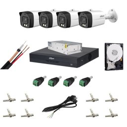 Sistem supraveghere analog, Dahua, 4x camera, 2MP, IR/lumina alba 40 m, lentila 2.8 mm, microfon, DVR, cablu coaxial, 8x conector mufa BNC, sursa alimentare 120W, cablu alimentare retea, 4x mufa TATA, HDD 500GB