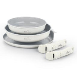 Set de tigai Swiss Haus SH-GCFP5LC, 5 piese, Acoperire ceramica Sapphire, Manere detasabile, Inductie, Crem