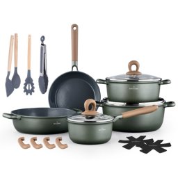 Set de oale si tigaie Swiss Haus SH-ZL3018G, 18 piese, Acoperire ceramica Sapphire, Fara PFAS, Inductie, Verde