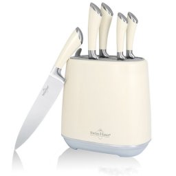 Set de cutite Swiss Haus SH-KSL6CR, 6 piese, Otel inoxidabil, Manere metalice, Suport, Crem