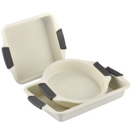 Set de 3 tavi de copt Swiss Haus SH-3BSCR, Otel, Acoperire ceramica Sapphire, Manere din silicon, Fara PFAS, Utilizare in cuptor pana la 230°C, Crem