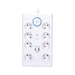Solight PO80 - Prelungitor cu întrerupător, 8 prize, tip E, 1x USB-A + 1x USB-C, 2 m, alb
