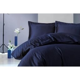 Set husa pilota + fata de perna, satin bumbac 100%, 135x200 cm + 80x80 cm, albastru inchis - Verificat A · Re-Bloom