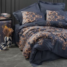 L'essentiel Maison set lenjerie pat dublu, satin bumbac 100%, husa pilota 200x220 cm + cearsaf 240x260 cm + 2x fata de perna 50x70 cm, albastru inchis/auriu - Verificat A · Re-Bloom