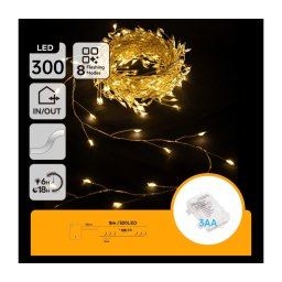 Aigostar - Ghirlandă luminoasă de exterior pentru Crăciun, 300 LED/8 funcții, 3x AA, 9,3 m, IP44, alb cald