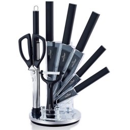 Set de cutite cu suport Swiss Haus SH-KSL9B, 9 piese, Manere antiderapante, Otel inoxidabil, Negru