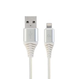 Gembird Premium cotton braided 8-pin charging and data cable, 2m, silver/white
