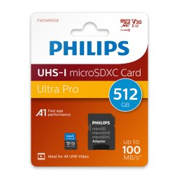 Card memorie microSDXC Philips 512 GB, UHS-I, U3, Class 10, include adaptor SD, Citire 100 MB/s / Scriere 80 MB/s