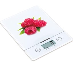 Cantar de bucatarie Raspberry HKS-5-RSB, 5 kg, sticla securizata, control touch cu display LCD, functie tara, functie cantarire lichide, gradare 1 g, baterie inclusa cr2032, alb