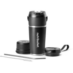 Flip NBP016B - 0C22300147, Bază cu motor reîncărcabil 11.1V, Capac cu mâner de transport, Capac Dual Sip & Straw To-Go, Pai inoxidabil, Cană etanșă din oțel inoxidabil de 590ml, Negru