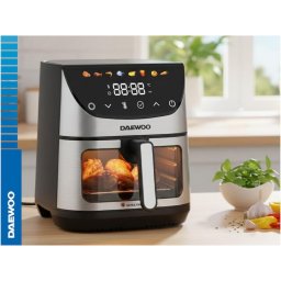 Friteuza DAF1600IX, 1600 W, display LED, capacitate 6.5 litri, 60 minute utilizare continuă, 8 programe predefinite, temperatura reglabila 80-200 grade Celsius, finisaje inox, negru