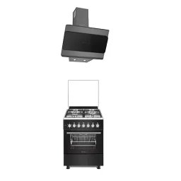 Aragaz Pachet Aragaz mixt Studio Casa Bruno FE57/57 cm si Hota decorativa, Cuptor electric, 4 arzatoare gaz, Rotisor, Ventilator, 5 functii, Clasa energetica A, Aprindere electrica plita, Gratare fonta, Negru