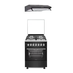 Aragaz Pachet Aragaz mixt Studio Casa Bruno FE57/57 cm si Hota clasica, Cuptor electric, 4 arzatoare gaz, Rotisor, Ventilator, 5 functii, Clasa energetica A, Aprindere electrica plita, Gratare fonta, Negru