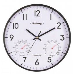 Ceas de perete Rosberg R59998F, 30 cm, Mecanism silentios, Higrometru, Termometru, Rotund, Negru