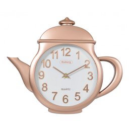 Ceas de perete in forma de ceainic Rosberg R59998G, 34,4 cm, Mecanism silentios, Aur roz